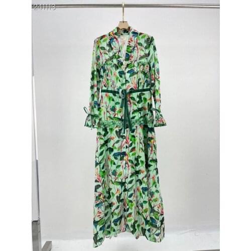 2021 Winter Designer Fashion Runway Long Dress Womens V-neck Flare Sleeves Slim Flowers Print Belt Ruffles Hot Dress
