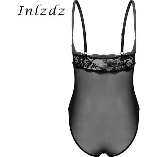 Womens Lingerie Sexy See-through Mesh Bodysuit Underwear Adjustable Spaghetti Strap Floral Lace Patchwork Underwire Bra Bodysuit