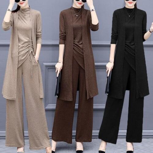 ZYBELLE Spring Three Piece Set Solid Color Loose Women Knit Side Bandage Tank Top Pants Long Sleeve Cardigan Set Womens Sets