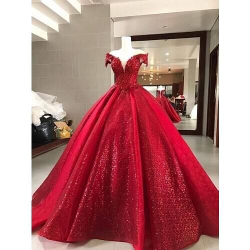 2020 red prom dresses sweetheart neckline bling bling ball gown evening dresses sparkly