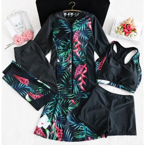 2021 Women Print Sports Bikini High Waist Bathing Suit Swimwear Long Sleeve Top + Bikini Set + Pants Swimsuit Plus Size XXL-5XL