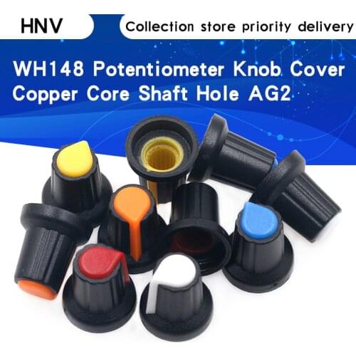 25PCS/lot WH148 potentiometer knob cap(copper core) 15X17mm 6mm Shaft Hole AG2 Yellow Orange Blue White Red 5value*5PCS=25PCS