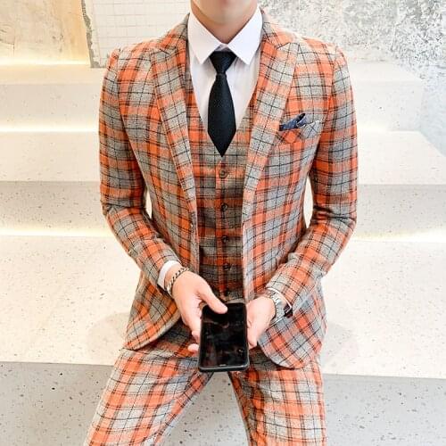 3 Pieces Wedding Dress Suits Formal Wear High Quality Men Slim Suits Blazer Jackets+Pants+Vest Men Plaid Casual Suits Size S-5XL