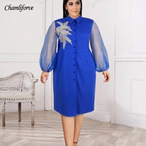 African Dresses for Women With Appliques Long Lantern Sleeve Elegant Office Lady Work Wear Robes New Africa Clothing