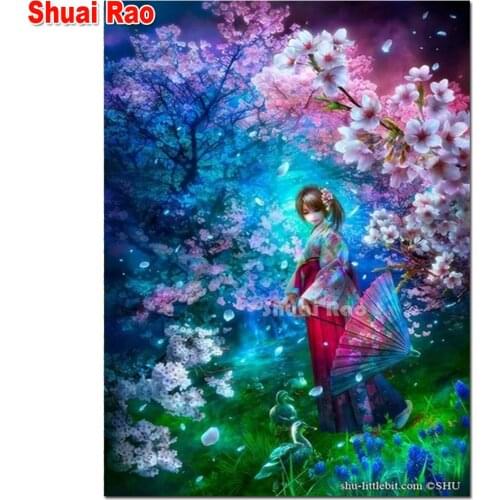 DIY 5D Diamond Painting japanese girl Flower Diamond Embroidery Cross Stitch Full Round Drill Mosaic Rhinestones Home Decor Gift