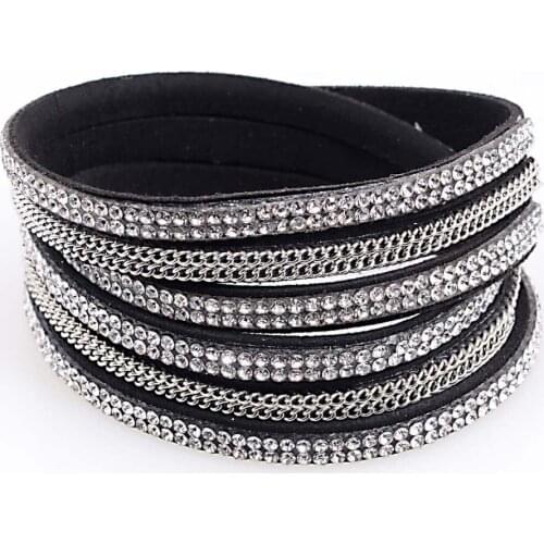 Miasol Double wrap leather bracelet crystal bling and chain bracelets,three multilayer wrap bracelets bling full crystal B1505