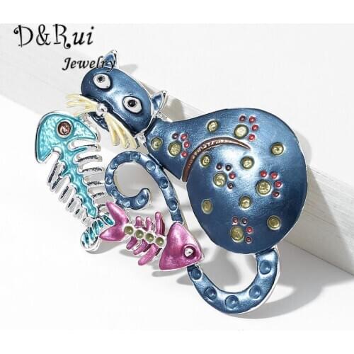 Cute Cat Eating Fish Brooches Pins Fashion Pink Enamel Brooch Zircon Alloy Pin New Year Gifts 2021 for Women Kids Badges Gifts