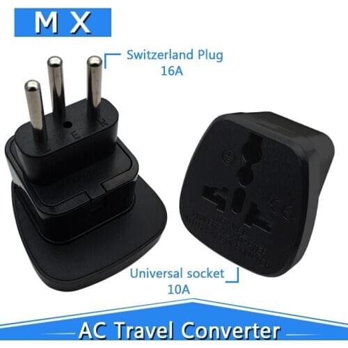 Black White 10A 250V Swiss Brazi Travel Adapter AU / UK / US / EU Plug to Swiss Plug Converter with Safety Gate
