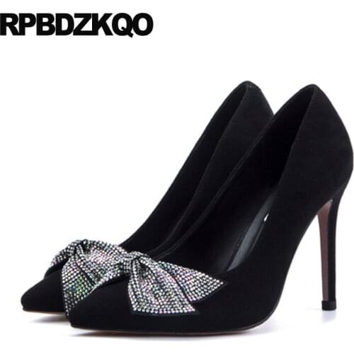Women 8cm 12 44 Low Heels Bridal Shoes Super Pointed Toe High Crystal 11 43 Pumps Kitten Wine Red Extreme Black Ultra Big Size