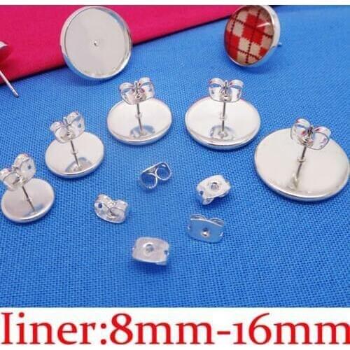 20set New Sterling Silver Plating Ear Back Stopper+Ear Stud with Fit 8/10/12/14/16mm Cabochon Blank Base DIY Jewelry making