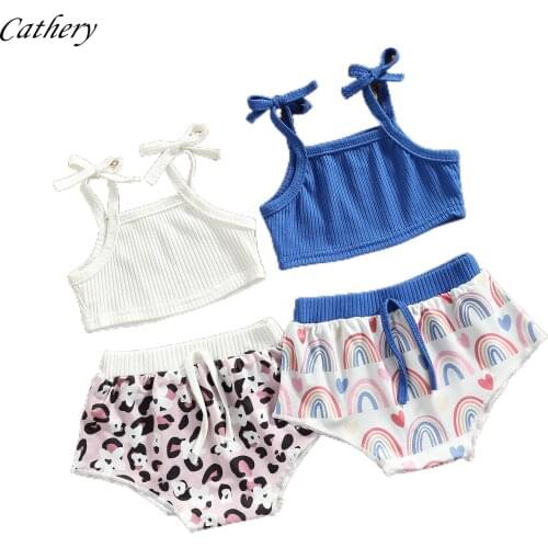 0-24 Months Girls Sets Baby Girl Summer Two Piece Set Fresh Solid Color Suspender Tops and Printing Short Pants Girl Clothing