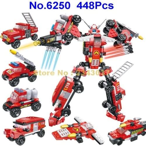 6250 448pcs 6in1 Urban Fire Truck Airplane Plane Deformation Transformation Robot Building Blocks Toy