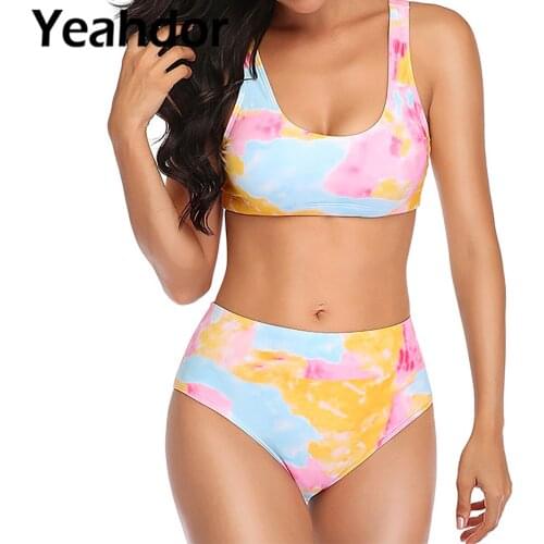 2Pcs Women Tie Dye Print Swimming Suit Swimsuit Deep U Neck Removeable Pads Top High Waist Briefs Beach Swimwear Bathing Suits