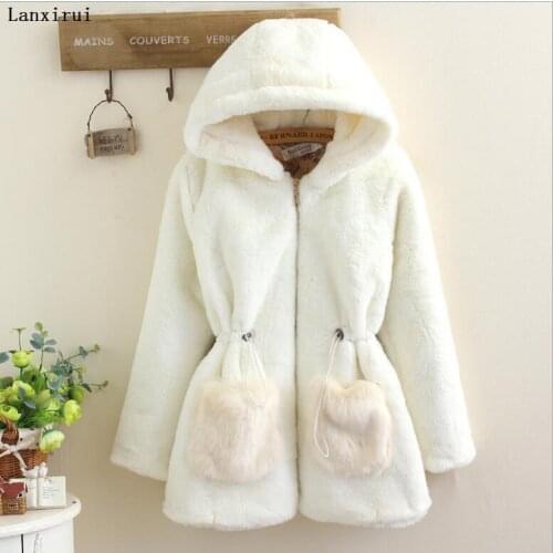 Fashion Women Hooded Winter Jacket Loose Knitted Plush Jacket Winter Warm Thick Outerwear Coat Ladies Casual Coats Pocket