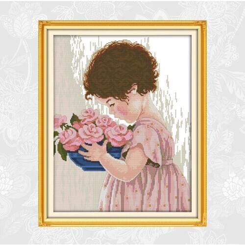 Little Girl holding Bouquet Painting Counted Cross Stitch Wholesale DIY Cross-Stitch Kits Embroidery Needlework Home Decor
