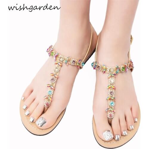 NEW Women`s summer Flat beach Sandals woman shining bohemia sandals flip flop Rhinestone shoes Casual t-strap Boho shoes