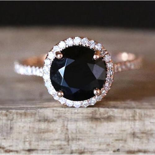 New High Quality Rose Gold Colors Inlaid Black Crystal Stone Rings Carved Gem Rings For Women Wedding Anniversary Jewelry Anel