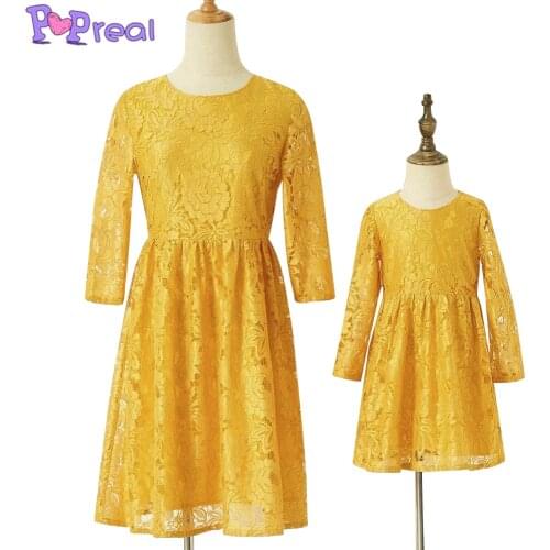 PopReal Parent-Child Outfit Fashion Embroidery Mom Daughter Dress Family Matching Clothes Mother And Daughter Outfits Lace Solid