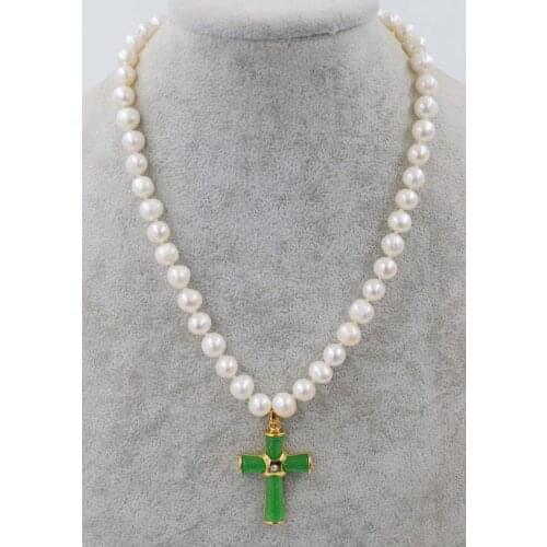 Freshwater pearl white necklace green jade cross 8-9mm near round 18inch pendant nature wholesale beads FPPJ fashion gift
