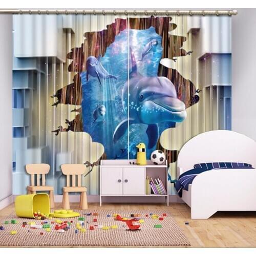 Curtains custom fashion window curtains 3D stereo Dolphins blue curtains for living room beautiful window curtains