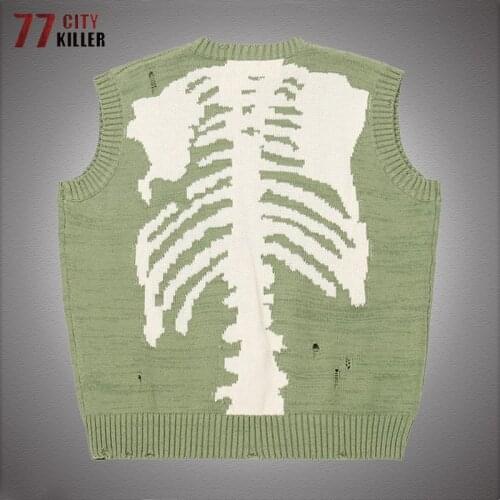 Kanye Skeleton Hole Skulls Sweaters Vest Men New Hip Hop Oversized Pullovers Vests Couple Harajuku Streetwear Sleeveless Sweater