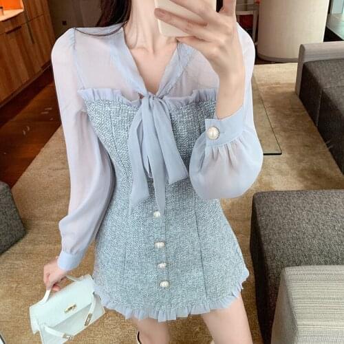 Pullover Vintage Long Sleeve Dress Sexy See-through Chiffon woolen Splic Tweed Mini Dress Female 2021 New harujuku dress 61i