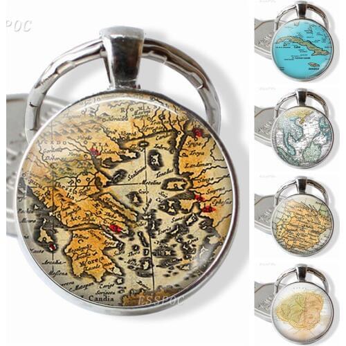 Vintage Map Keychain Glass Pendant Literary Key Chain Greek Caribbean Thailand Barcelona Hawaii Map Key Ring