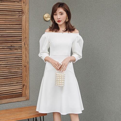 YIGELILA Autumn New Arrivals White Dress Slash Neck Three Quarter Sleeves Dress Lantern Sleeves Vintage Knee-length Dress 65335