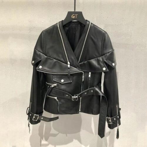 New Quality High Fashion Women Coat Spring Sweet Style Short Length Genuine Leather Jacket V-neck Clothes Female + FG001