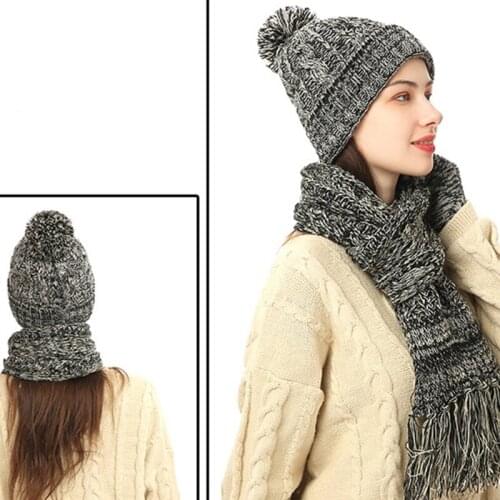 Women Winter 3 Pieces Beanie Hat Tassel Long Scarf Touch Screen Gloves Set Colorful Crochet Knit Plush Lined Pompom Skull Cap Ne
