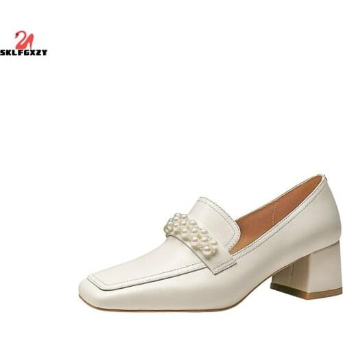 SKLFGXZY European American Style Women Genuine Leather Cowhide High Heels Womens Shoes Pearl Wedding Party Shoes Pumps