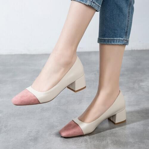 Quality Office Lady Women Pumps Suede Leather Casual Square Low Heels Office work shoes Shallow Solid Elegant Ladies Shoes 34-43