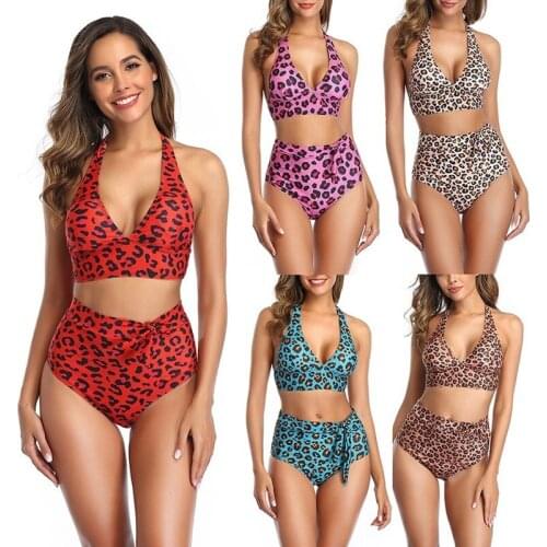 Leopard Swimsuit Women Print Gather Bikini 2021 Sexy Halter Bandage Bathing Suit High Waist Bikinis Set Biquini Push Up Swimwear