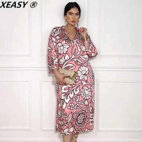 XEASY Women 2021 Fashion Floral Print Side Slit Midi Dress Vintage V Neck Three Quarter Sleeve Female Dresses Vestidos