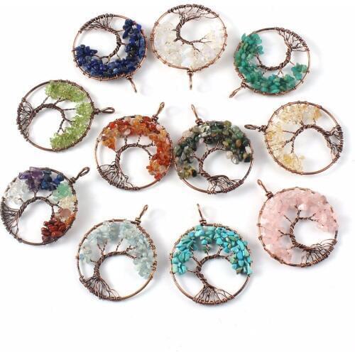100-Unique 10 Pcs Copper Plated Wire Wrapped Amethysts Pendant Rose Pink Quartz Necklace Tree of Life Lapis Lazuli Jewelry