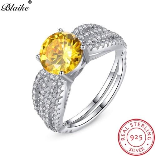 Blaike Natural S925 Sterling Silver Round Topaz Birthstone Rings For Women AAA Yellow Zircon Vintage Wedding Bands Fine Jewelry