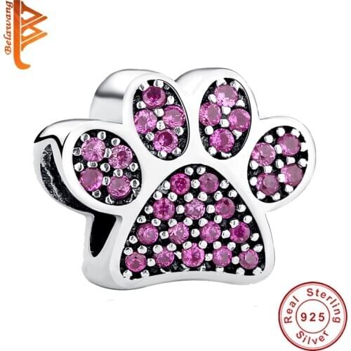 Wholesales Cute pet paw print Bead With Pink CZ 925 Sterling Silver Charm Fit Original Bracelet For Women DIY Birthday Gift