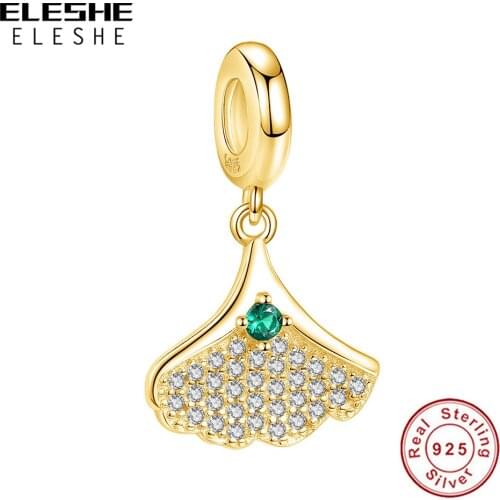 ELESHE 925 Sterling Silver with Dazzling Crystal CZ Bead Gold Ginkgo Tree Dangle Charm fit Original Bracelets Trendy Bijoux