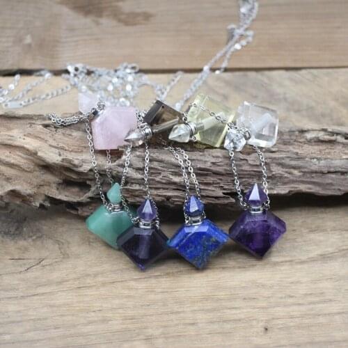 Natural Lapis Fluorite Perfume Bottle Pendants Chains Fashion Diamond Shaped Essential Oil Vial Charms Necklace Jewelry QC1073
