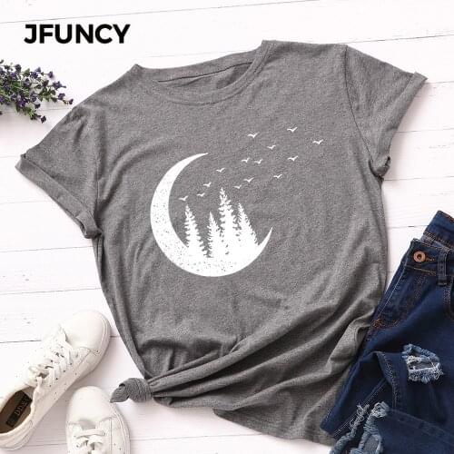 JFUNCY 100% Cotton Summer Tshirt Plus Size Creative Moon Forest Print Women T-Shirt Short Sleeve Woman Tee Tops Female T Shirt