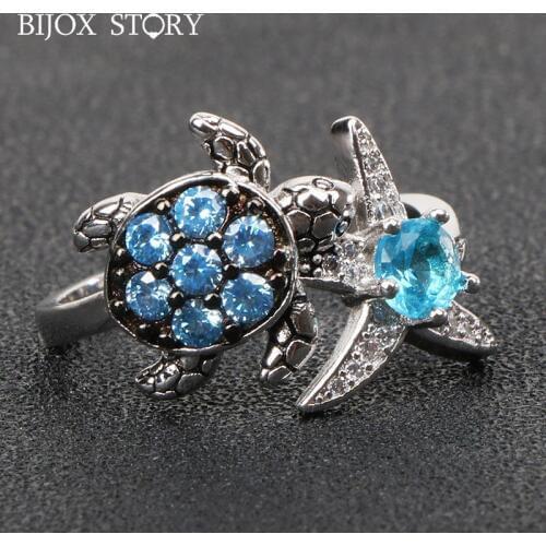 BIJOX STORY fashion 925 silver ring with sapphire turtle starfish shaped jewelry rings for women wedding banquet party size 6-10