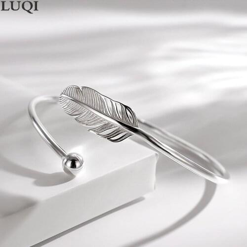 Fashion Womens S925 Silver Platinum Plated Feather Open Bracelets SZ0159