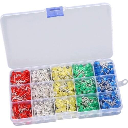 500pcs 5mm Diffused LED Light Emitting Diode Bulbs Assortment Kit - Red, Yellow, Green, Blue and White LED Indicator Lights