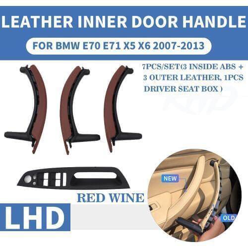 Red Wine LHD Genuine Leather Car Front Rear / Left Right Interior Door Handle Inner Pull Trim Cover For BMW E70 E71 X5 X6 07-13