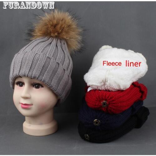 2019 New Winter Hat For Kids Children Warm Fleece Liner Beanie Hat Baby Boy Girls Real Fur Pompom Skullies Beanies