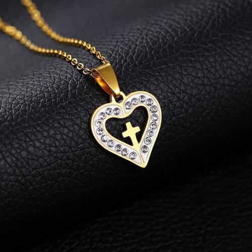 SONYA Heart JESUS Cross Necklaces& Pendants For Women Stainless Steel Gold Color Pendant Necklaces Prayer Jewelry Bijoux