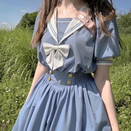 Harajuku Sailor Collar Navy Dress Japanese Lolita Sweet Bow-knot Girl Retro Cotton Kawaii Preppy Style Long Sleeve Dress