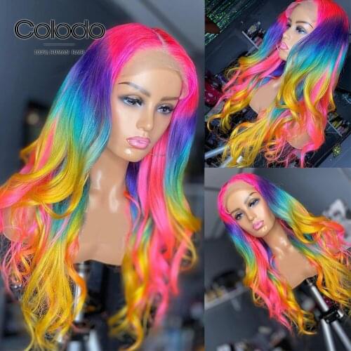 Rainbow Color Pink Human Hair Wig Pre Plucked Blue Yellow Lace Front Human Hair Wigs Transparent Lace Wigs with Baby Hair