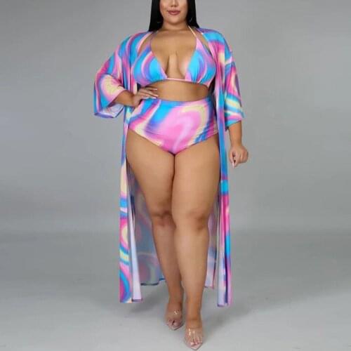 Plus Size Swimsuits for Women 4XL 5XL 3 Pieces Sets Pink Printed Underwear Bra Panties & Outwears Summer New Beach Swim Wear Set