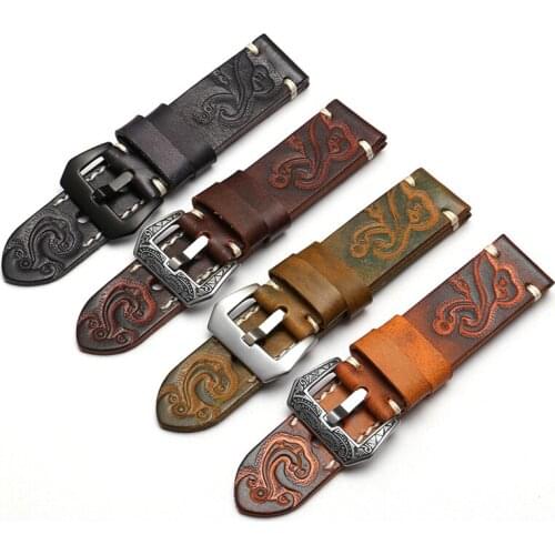 Retro Carved Leather Strap 18 20 22 24mm Black Red Yellow Bracelet For PAM111 441 Series Mens Hand made Cow Leather Watch Chain